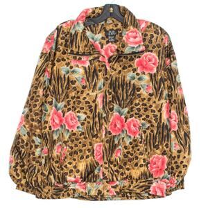 Vintage 90s Floral Leopard Jacket Brown Cottagecore Grandmacore Maximalist Large